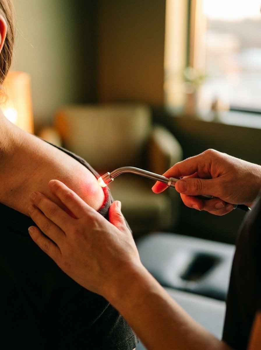 Class IV laser therapy applied to a patient's shoulder, with a warm red glow