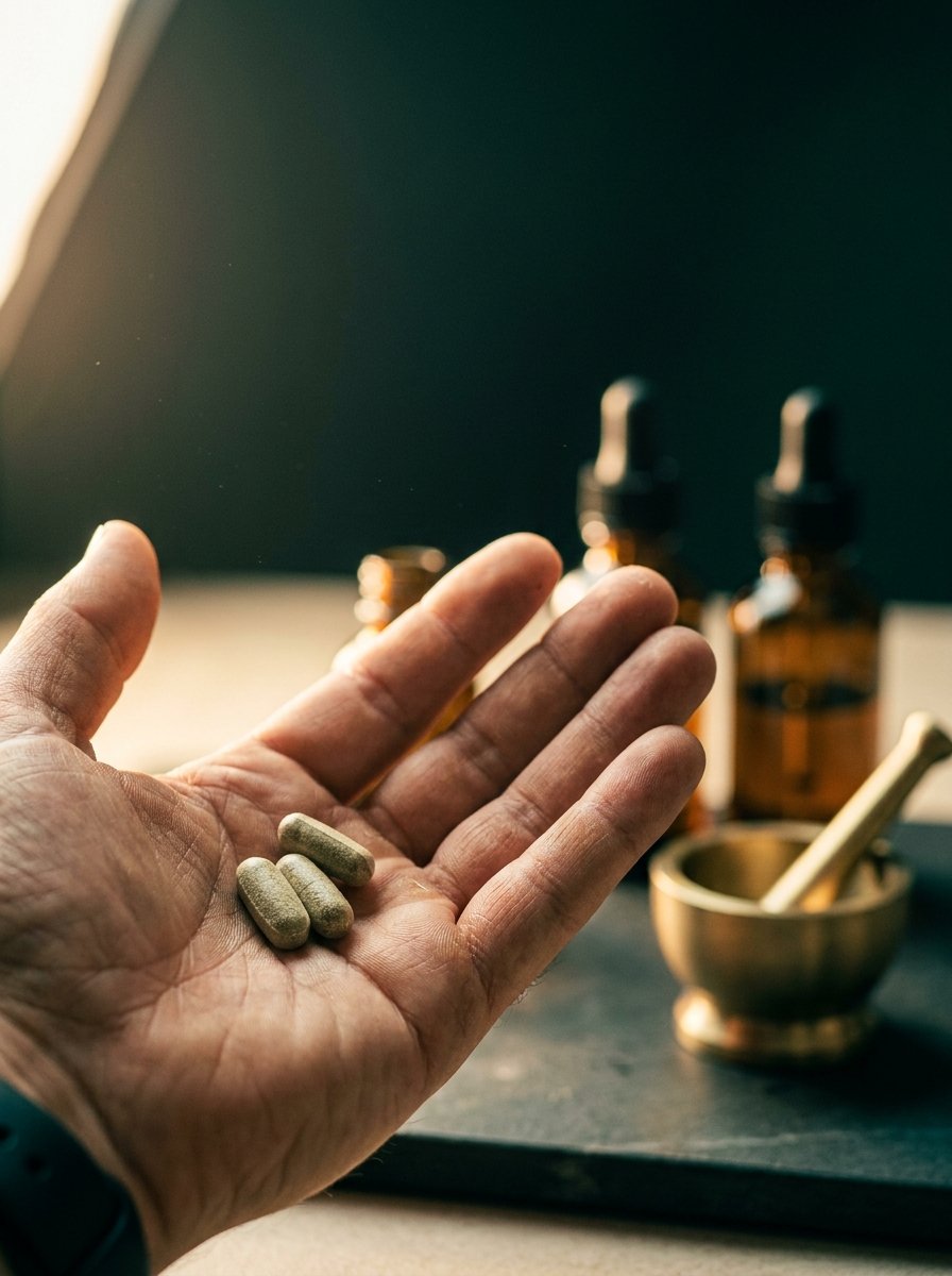 An open hand receiving precisely chosen botanical capsules