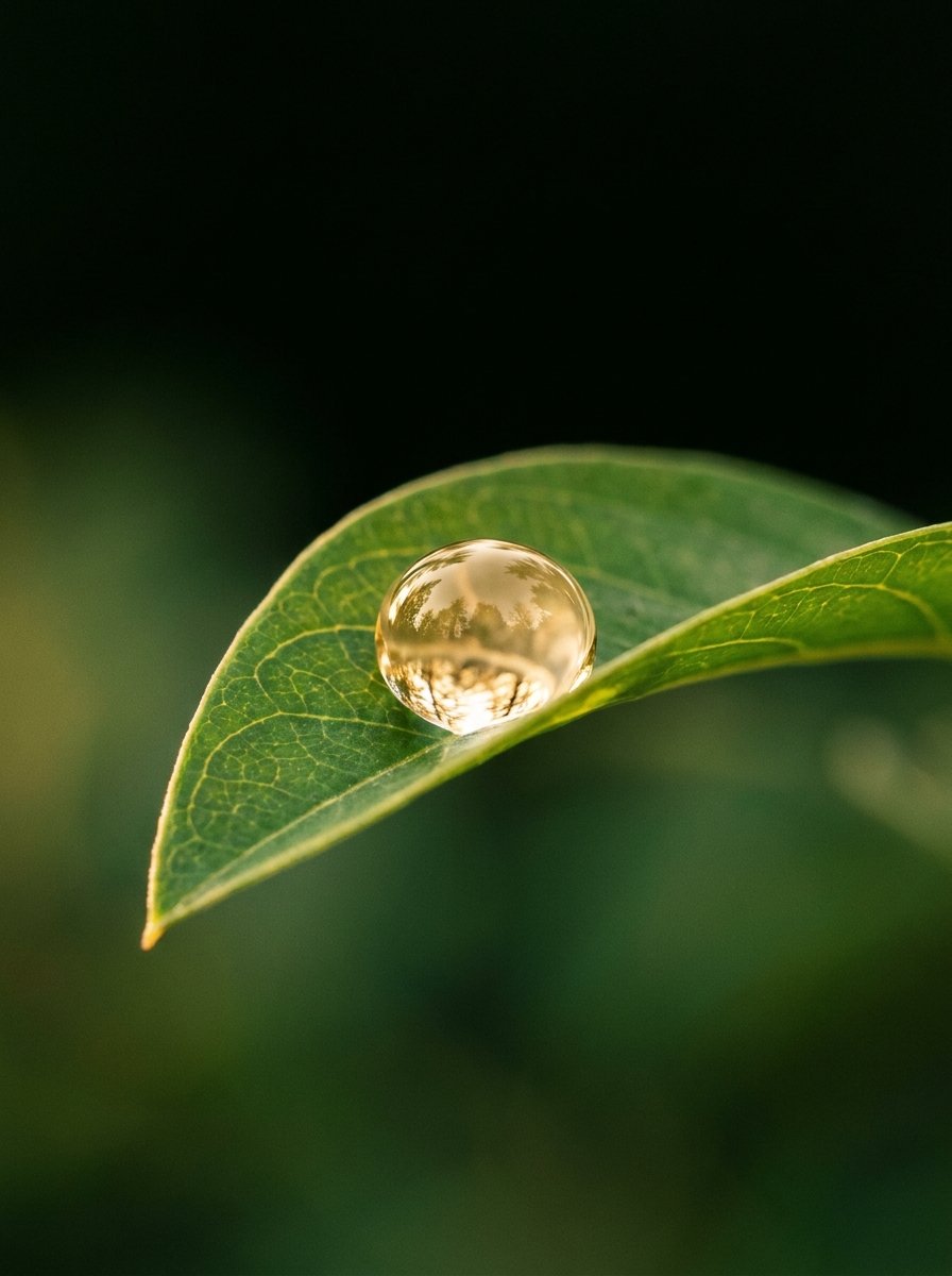 Macro of a dew droplet on an emerald leaf